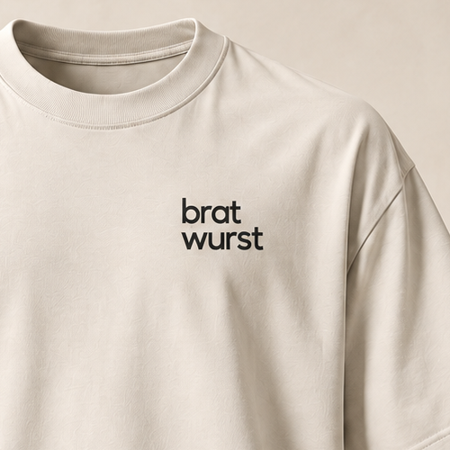 T-shirt sui bratwurst — Saint-Gall, écru — gros plan inscription devant (recadrage)