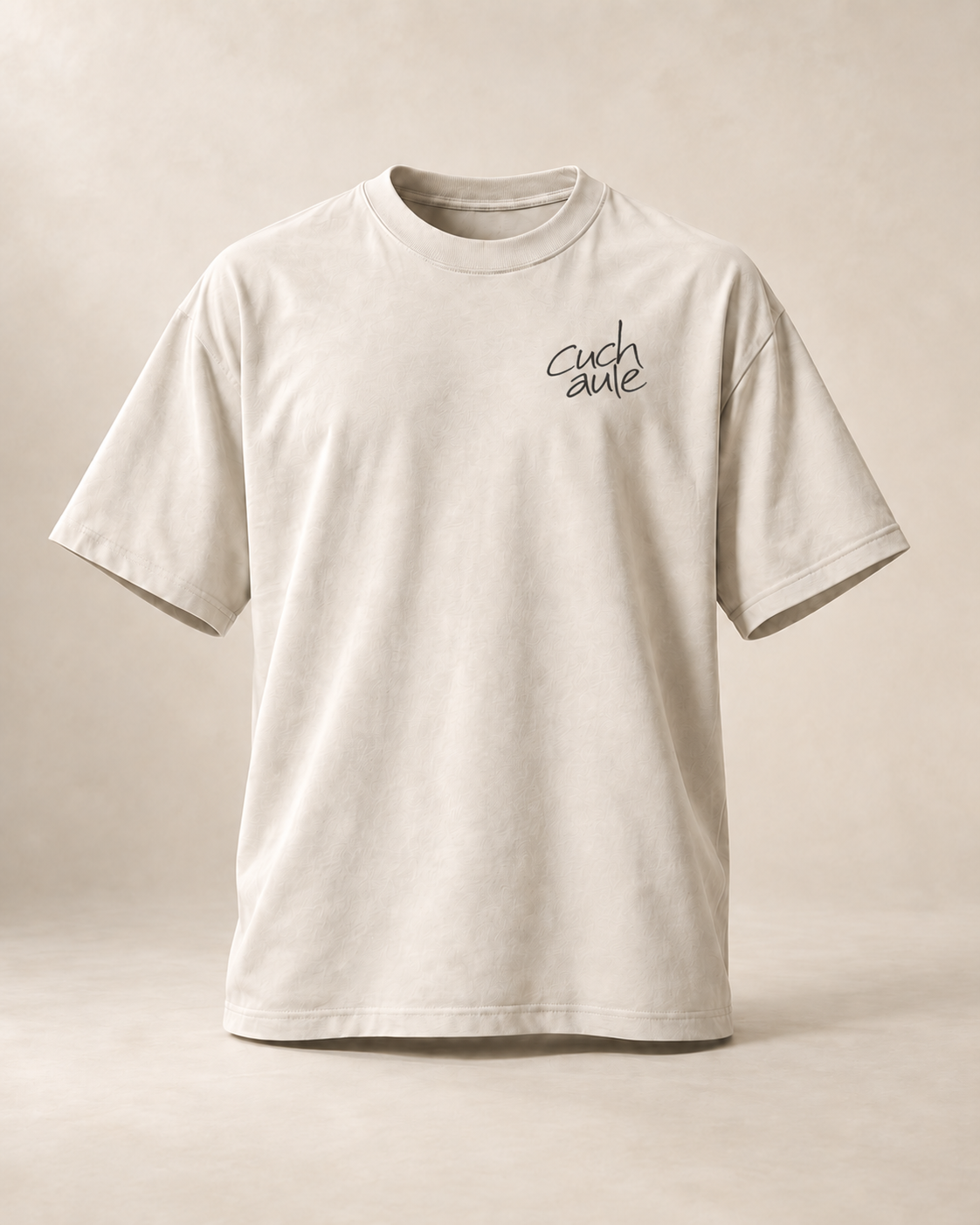 T-shirt sui cuchaule — Fribourg, écru — vue face, mockup réaliste — manuscrit
