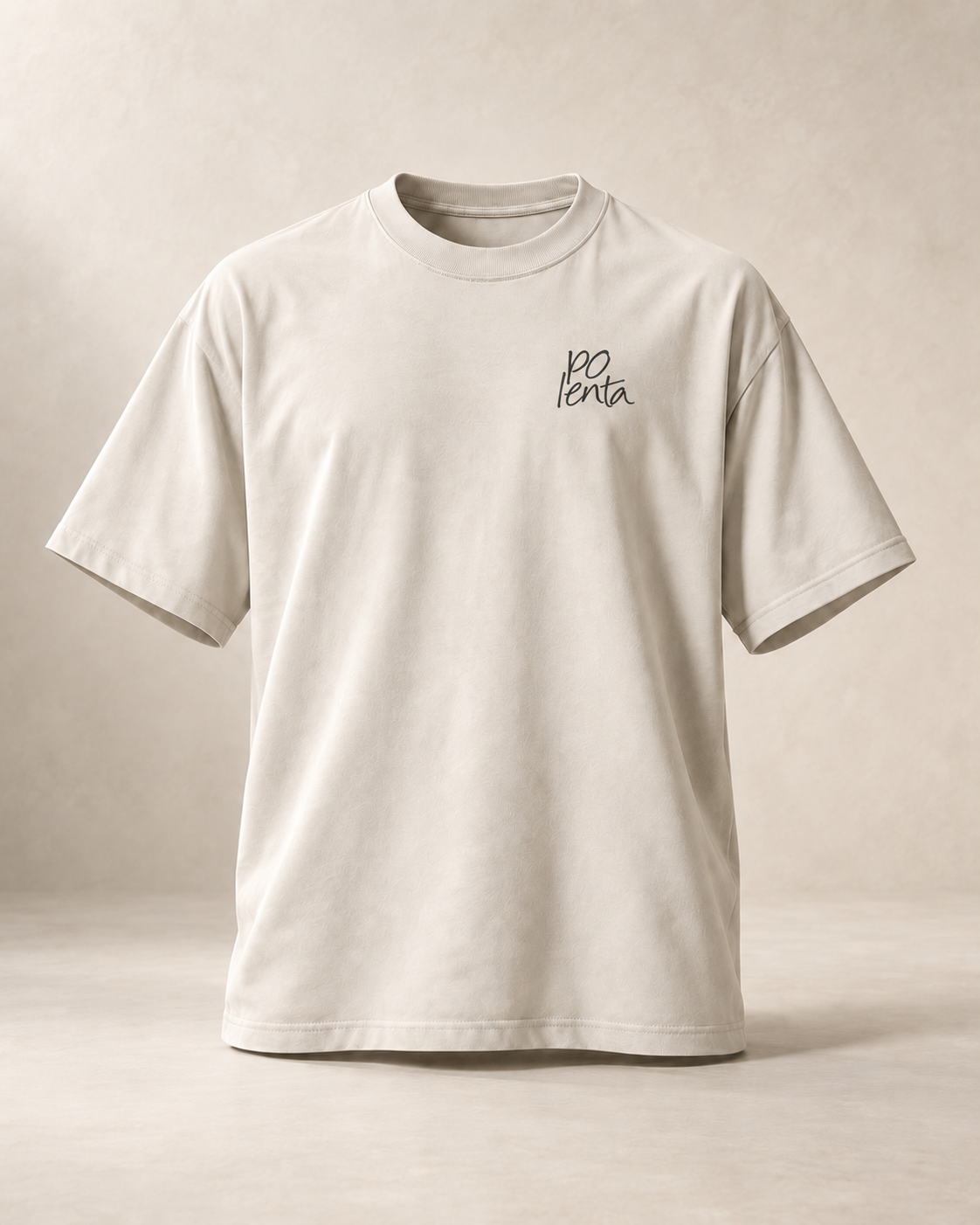 T-shirt sui polenta — Tessin, écru — vue face, mockup réaliste — manuscrit