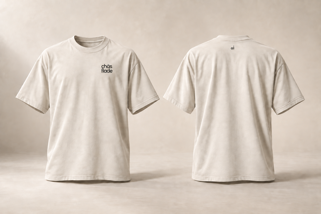 sui — AI · maquette du t-shirt écru en volume, devant et dos