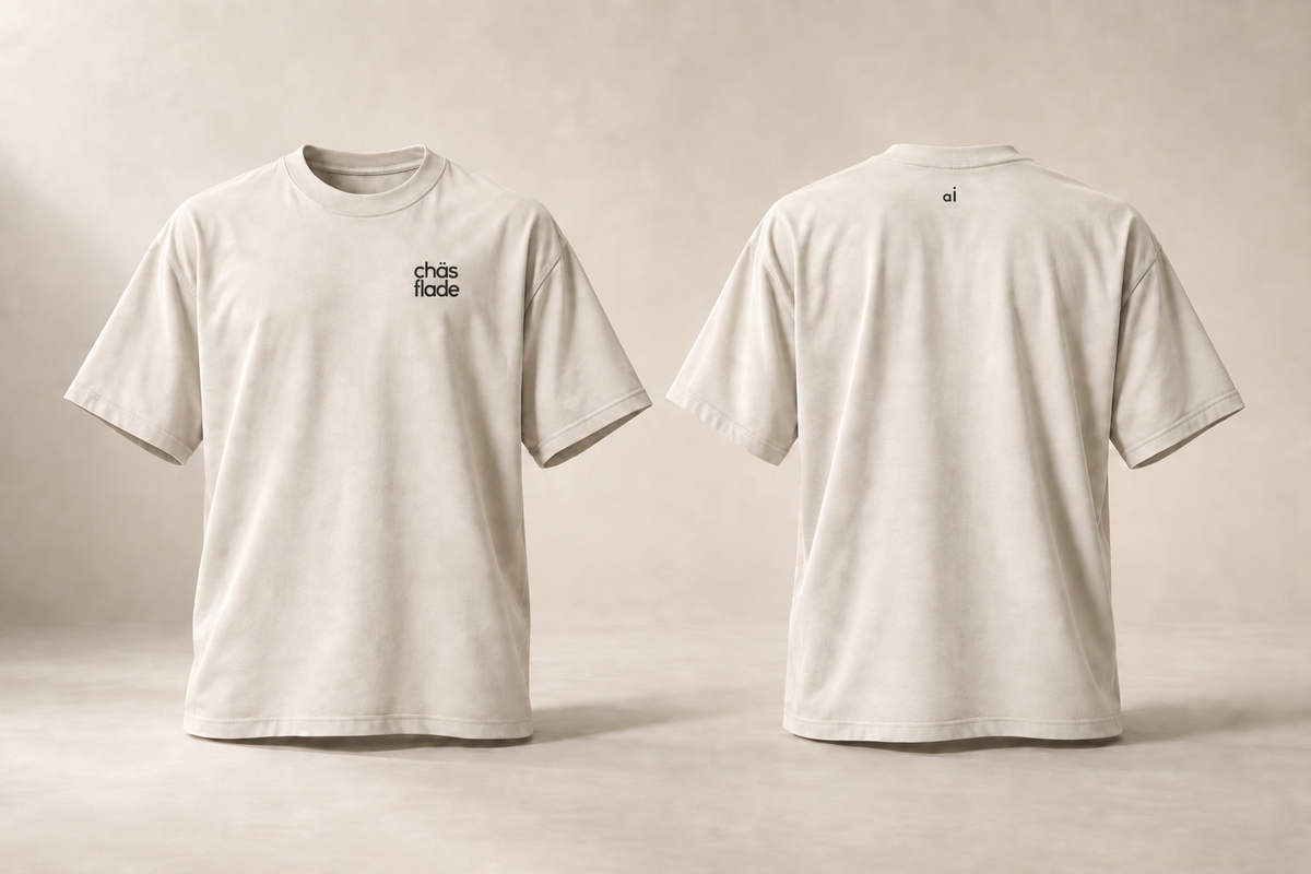 sui — AI · maquette du t-shirt écru en volume, devant et dos