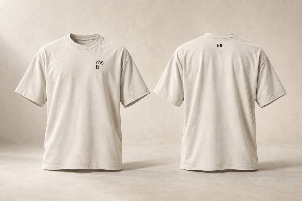 sui — rösti · BE · maquette du t-shirt écru en volume, devant et dos