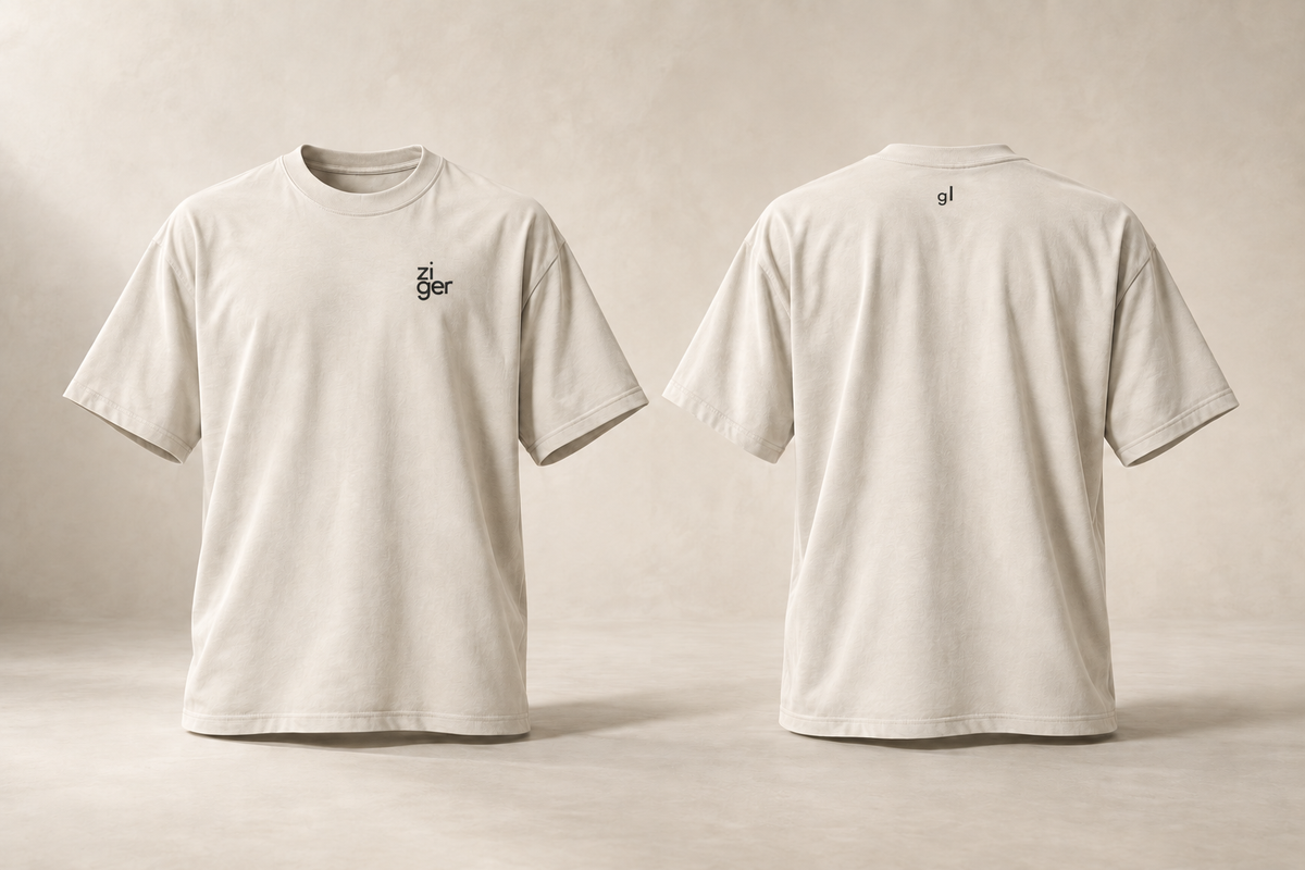 ziger — Glaris — maquette en volume, t-shirt écru devant et dos
