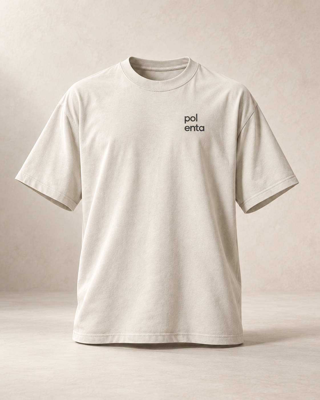 T-shirt sui polenta — Tessin, écru — vue face, mockup réaliste